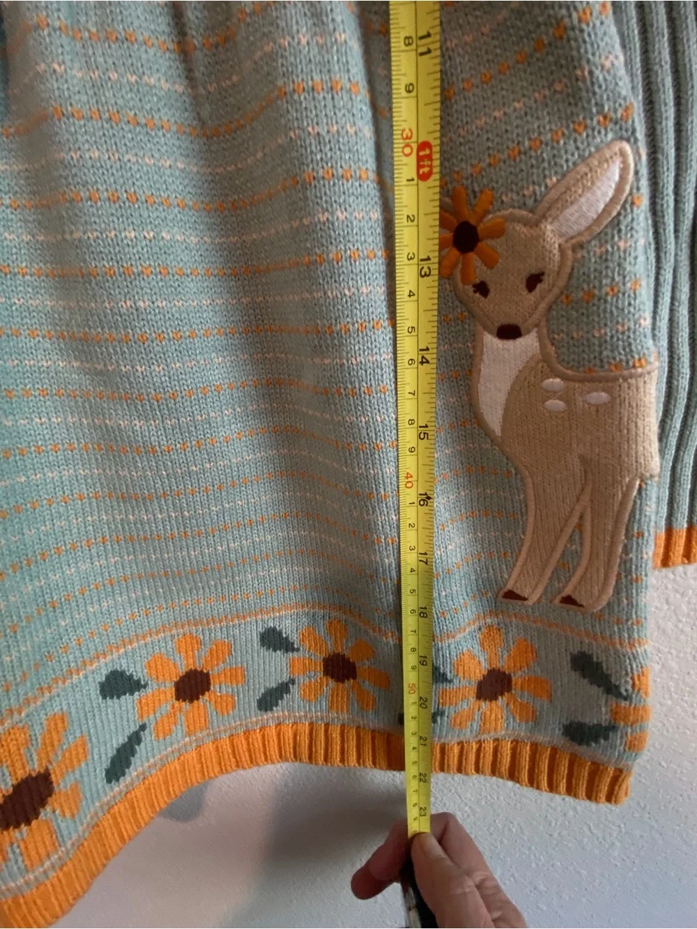 Cynthia Rowley Mint Knit Sweater Dress with Yellow Trim & Deer Applique